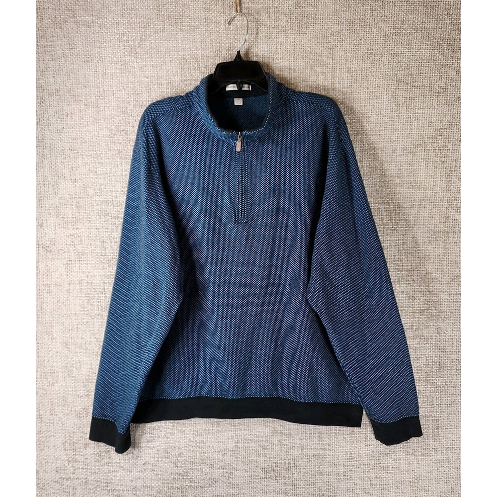 Peter Millar 1/4 Zip Pullover Cotton Sweater Mens XL Blue Black Check Mid-Heavy